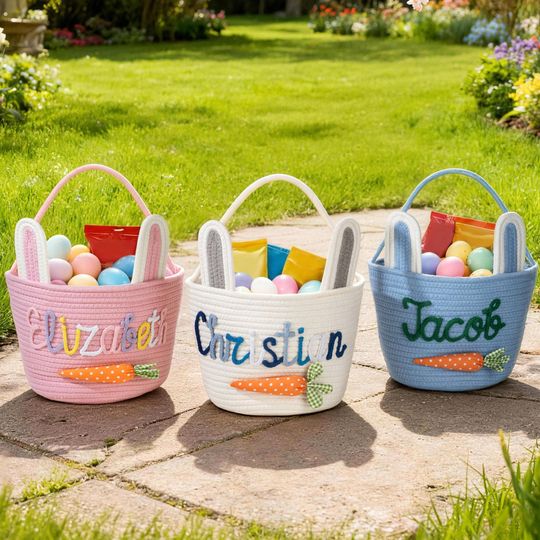 Discover Personalized Carrot Bunny Ears Reusable Easter Basket with Name Egg Hunting Accessories Tote Bag Cute Easter Gift for Boys Girls Kids