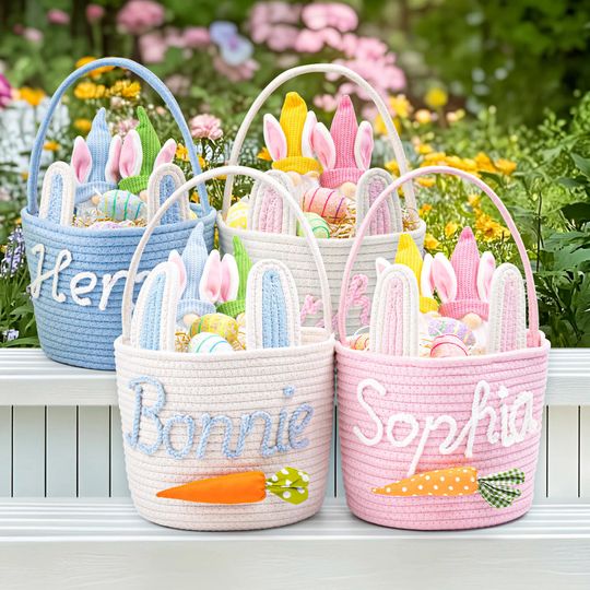 Discover Crochet Personalized Easter Basket 2026 with Name - Custom Easter Egg Hunt Gift for Kids, Baby's First Keepsake & Spring Decor Basket