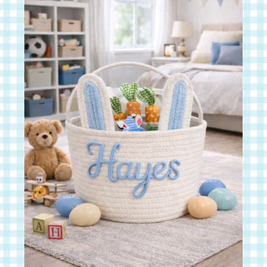 Personalized Easter Basket for Kids, Custom Name Basket, Rope Baby Gift Basket, Easter Egg Hunt Basket, Baby Shower Gift