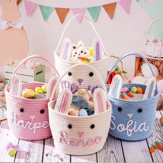 Discover Personalized Easter Basket, Bunny Baskets Baby Name Basket, Boy Girls Egg Hunt Bucket Gifts