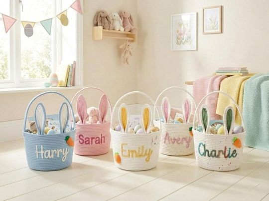 Discover Personalised Bunny Ear Easter Basket | Detachable Ears for Year-Round Use | Embroidered Name Egg Hunt Bag | Reusable Kids Storage Basket