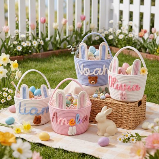 Discover Personalized Easter Basket 2026 | Custom Name Bunny Cotton Rope Basket for Kids | Baby First Easter Egg Hunt Gift | Toddler Toy Storage Bin