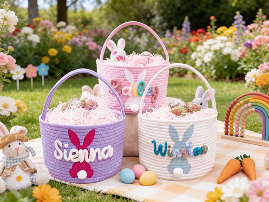 Discover Personalized Easter Basket, Easter Egg Hunt Basket, Handwoven Rope Basket,  Custom Easter Name Basket, Easter Gift for Kids