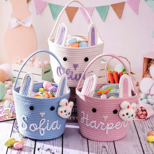 Discover Personalized Easter Basket Bunny Baskets Baby Name Basket Boy Girls Egg Hunt Bucket Gifts Handmade Bunny Basket Toddler Basket Easter Gifts