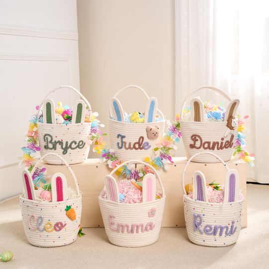 Custom Name Easter Basket | Personalized Rope Bucket with Bunny Ears | Toddler Easter Gift | Boy Girl Easter Basket