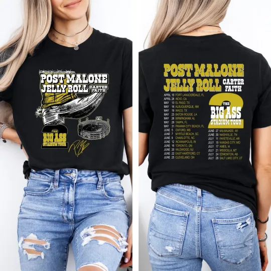 Discover Post Malone Jelly Roll Concert Big Ass Stadium Tour 2026 T-Shirt