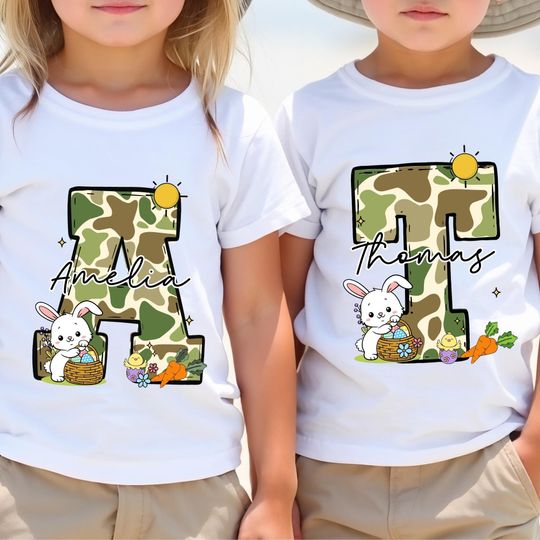 Discover Personalized Camo Initial Easter Bunny Kids Name Shirt