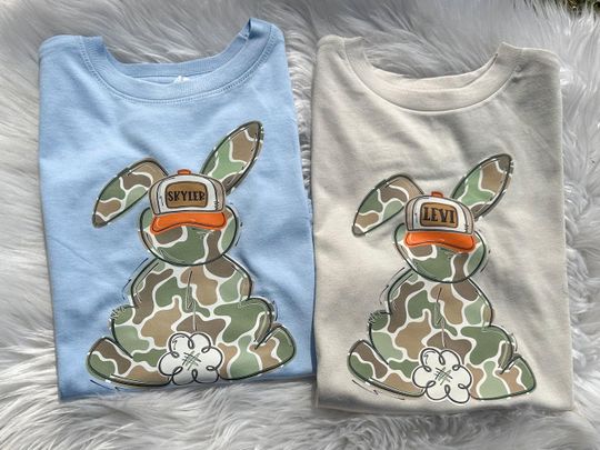 Discover Personalized Easter Shirt for boys, camo bunny shirt for egg hunt, cute rabbit shirt with name for kids, matching Easter shirts for siblings