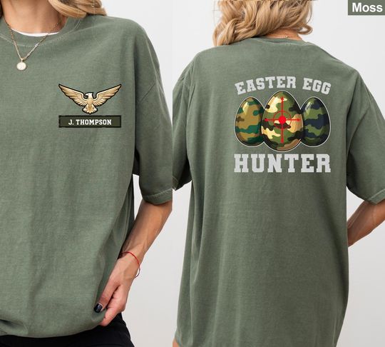 Custom Easter Egg Hunter Shirt, Military Style Easter Tee, Camo Easter Egg Hunt T-Shirt, Personalized Name Patch