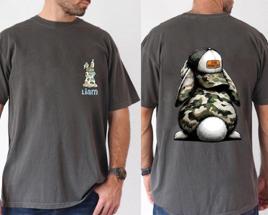 Discover Personalized Camo Easter Bunny Shirt for Men, Custom Name Egg Hunter T-Shirt, Hunting Style Easter Gift for Dad, Camouflage Rabbit Boy Tee