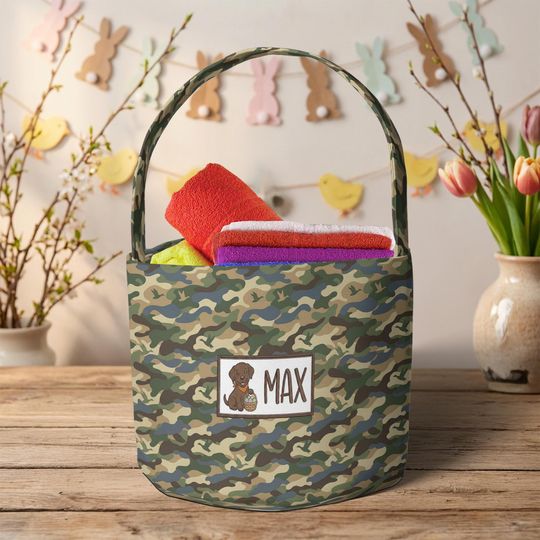 Discover Personalized Camouflage Fabric Easter Basket, Puppy Name Tote