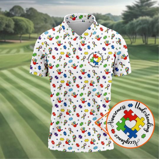Discover Autism Awareness Polo Shirt for Men White Golf Shirt
