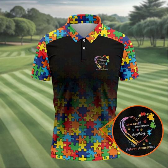 Discover Autism Awareness Golf Polo Shirt with Puzzle Pattern for Men