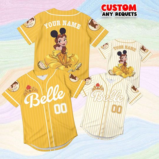 Discover Disney Princess Belle Baseball Jersey, Custom Name Beauty and the Beast Shirt, Personalized Kids Birthday Family Matching Gift