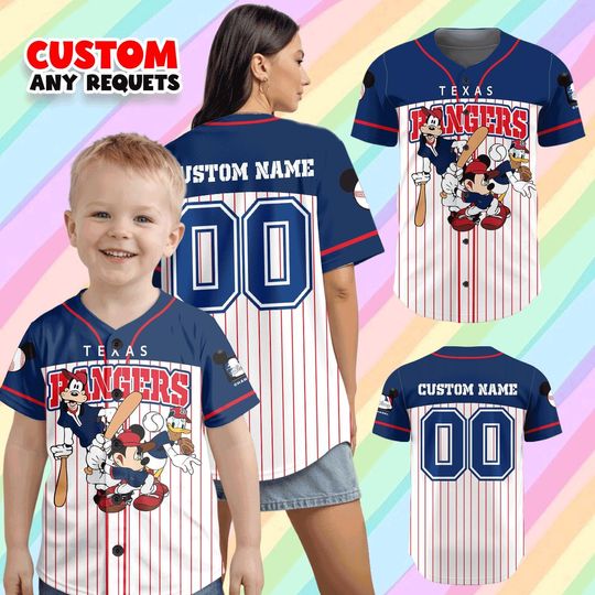 Discover Disney Texas Rangers Baseball Jersey, Custom Name Mickey Friends Shirt, Personalized Kids Family Matching MLB Game Day Gift