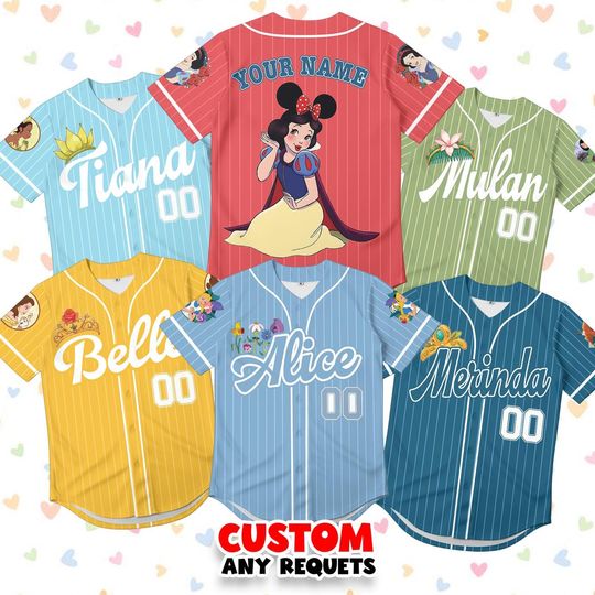 Disney Princess Baseball Jersey, Custom Name Snow White Belle Alice Mulan Shirt, Personalized Kids Birthday Family Matching Gift