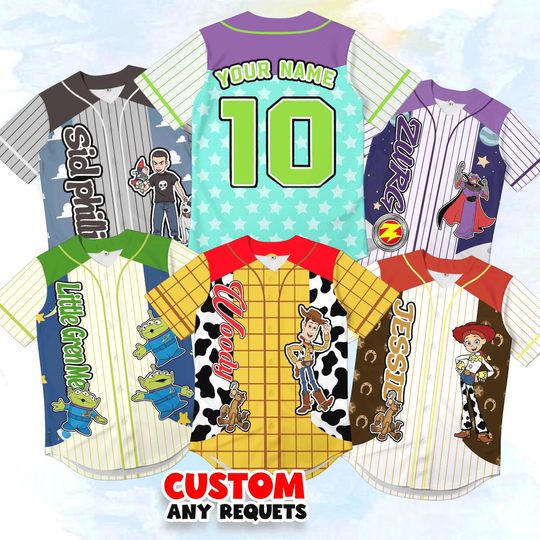 Discover Disney Toy Story Baseball Jersey, Custom Name Woody Buzz Jessie Bo Peep Zurg Shirt, Personalized Kids Family Matching Birthday Gift