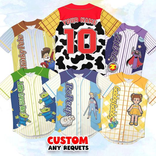 Discover Disney Toy Story Baseball Jersey, Custom Name Woody Buzz Jessie Bo Peep Shirt, Personalized Kids Family Matching Birthday Gift