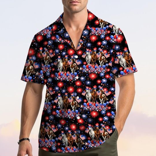 Discover Patriotic Horse Hawaiian Shirt Men Women Youth, American Flag Horse Aloha Shirt, 4th of July Fireworks Button Down Top