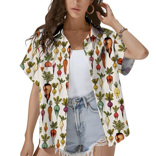 Discover Colorful Beetroot Vegetable Shirt for Women, Funny Radish Button Down Shirt, Summer Garden Farmer Shirt, Root Veggie Graphic Shirt