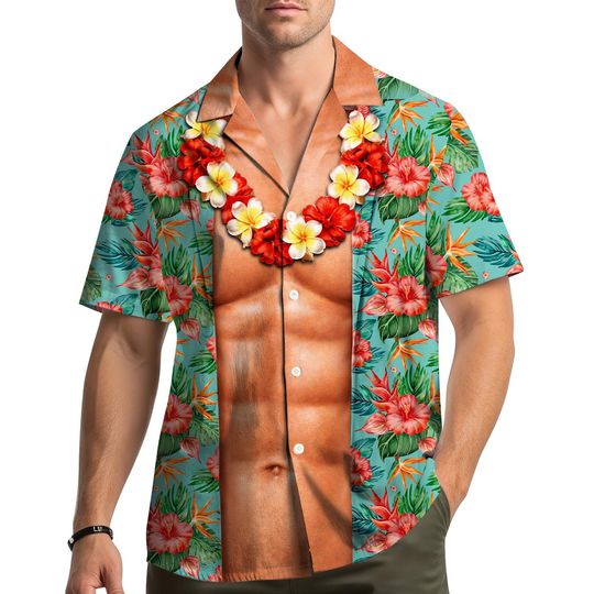 Funny Muscle Chest Hawaiian Shirt for Men and Women with Tropical Floral Print, Summer Aloha Beach Shirt