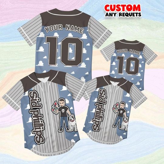 Discover Disney Toy Story Sid Phillips Baseball Jersey, Custom Name Kids Shirt, Personalized Family Matching Birthday Gift
