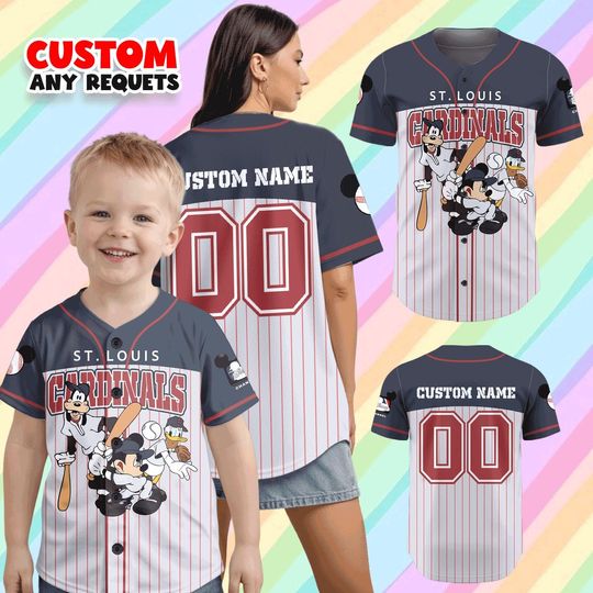 Discover Disney St Louis Cardinals Baseball Jersey, Custom Name Mickey Friends Shirt, Personalized Kids Family Matching MLB Game Day Gift