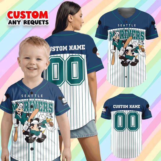 Discover Disney Seattle Baseball Jersey, Custom Name Mickey Friends Shirt, Personalized Kids Family Matching MLB Game Day Gift