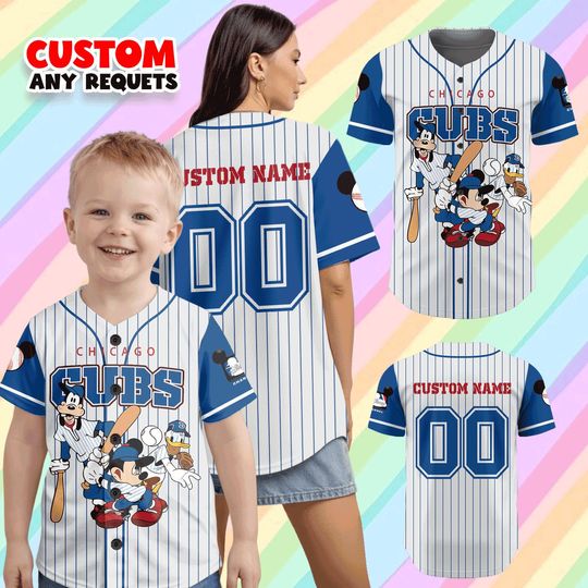 Discover Disney Chicago Cubs Baseball Jersey, Custom Name Mickey Friends Shirt, Personalized Kids Family Matching MLB Shirt
