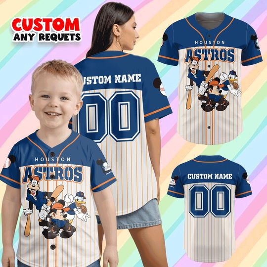 Discover Disney Houston Astros Baseball Jersey, Custom Name Mickey Friends Shirt, Personalized Kids Family Matching MLB Shirt
