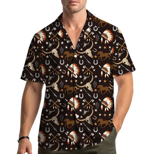Discover Western Cowboy Hawaiian Shirt, Native American Headdress & Horse Print, Rustic Rodeo Button Down Shirt for Men Women