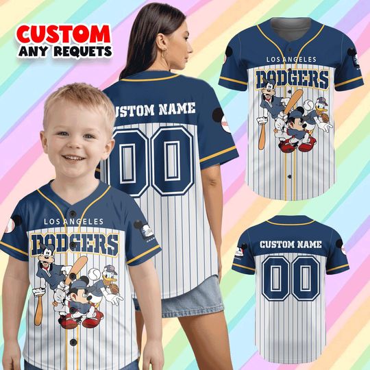 Discover Disney Los Angeles Baseball Jersey, Custom Name Mickey Friends Shirt, Personalized Kids Family Matching MLB Shirt