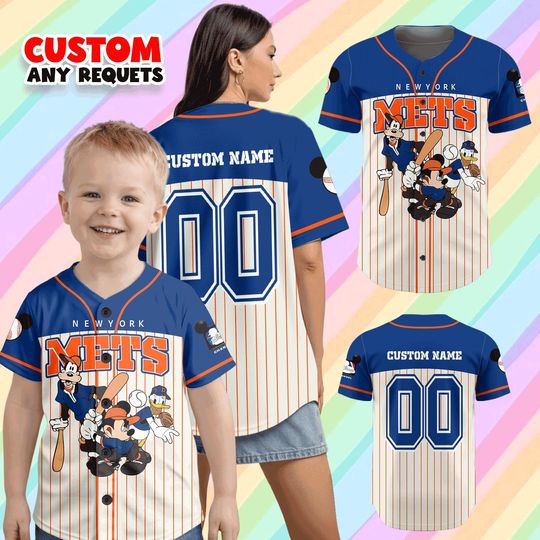 Discover Disney New York Baseball Jersey, Custom Name Mickey Friends Shirt, Personalized Kids Family Matching MLB Game Day Shirt Gift