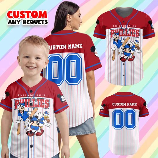 Discover Disney Philadelphia Baseball Jersey, Custom Name Mickey Friends Shirt, Personalized Kids Family Matching MLB Game Day Gift