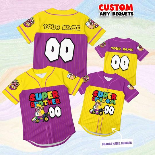 Discover Gift Super Brother Wario Jersey Shirt Custom Name Number, Kids Mario Birthday Shirt, Yellow Purple Gaming Outfit