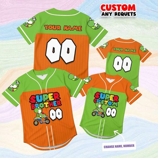 Gift Super Brother Yoshi Jersey Shirt Custom Name Number, Kids Mario Birthday Shirt, Green Orange Gaming Baseball Outfit