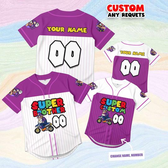 Gift Super Brother Waluigi Jersey Shirt Custom Name Number, Kids Mario Birthday Shirt, Purple Gaming Baseball Outfit