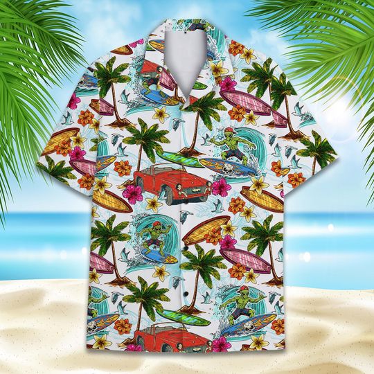 Discover Alien Surfing Hawaiian Shirt Men Women Youth, Funny Aloha Shirt with Van Car, Summer Tropical Short Sleeve Button Down