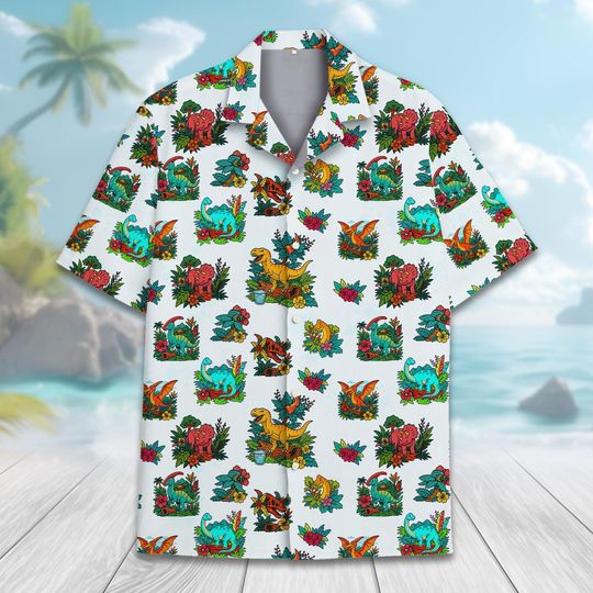 Discover Funny Retro Dinosaur Hawaiian Shirt for Men and Women, Colorful Summer Beach Short Sleeve Button-Down
