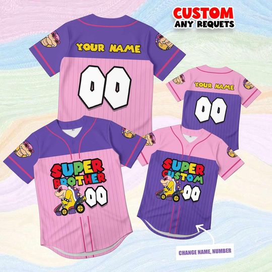 Discover Gift Super Brother Roy Koopa Jersey Shirt Custom Name Number, Kids Mario Birthday Shirt, Purple Pink Gaming Outfit