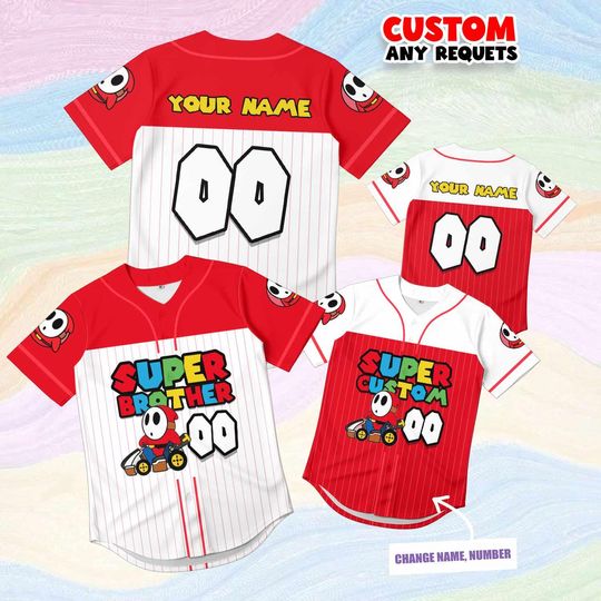 Discover Gift Super Brother Shy Guy Jersey Shirt Custom Name Number, Kids Mario Birthday Shirt, Gaming Boy Baseball Outfit