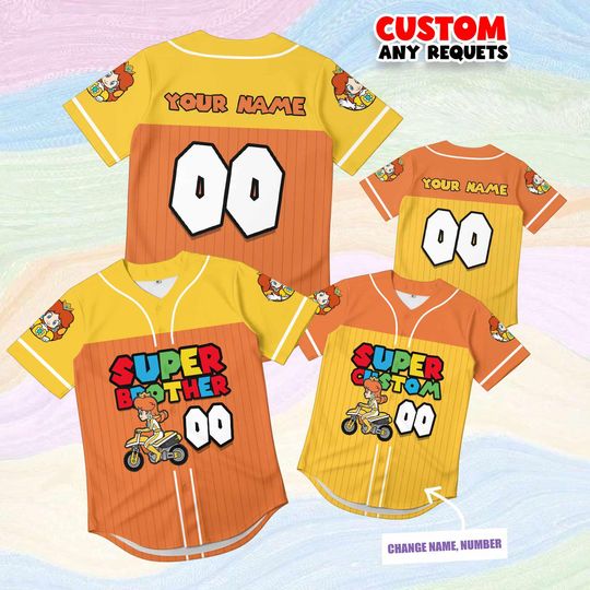Gift Super Brother Princess Daisy Jersey Shirt Custom Name Number, Kids Mario Birthday Shirt, Orange Girl Baseball Outfit