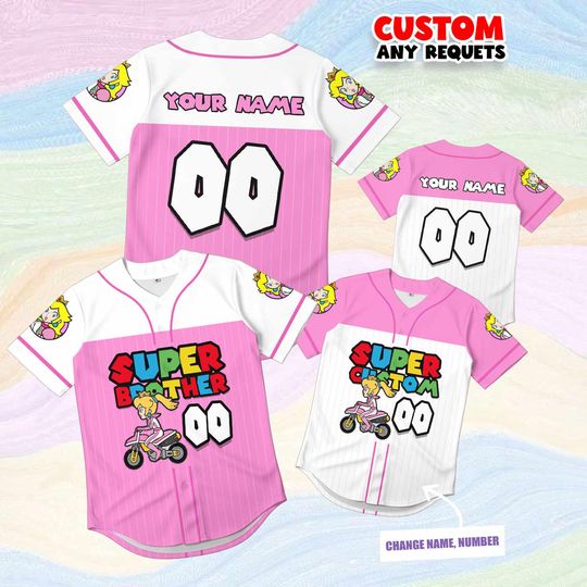Gift Super Brother Princess Peach Jersey Shirt Custom Name Number, Kids Mario Birthday Shirt, Pink Girl Baseball Outfit