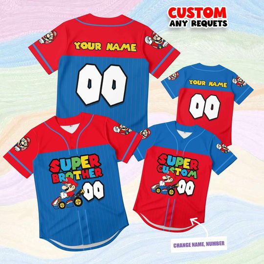 Discover Gift Super Brother Mario Jersey Shirt Custom Name Number, Kids Mario Birthday Shirt, Gaming Boy Baseball Outfit