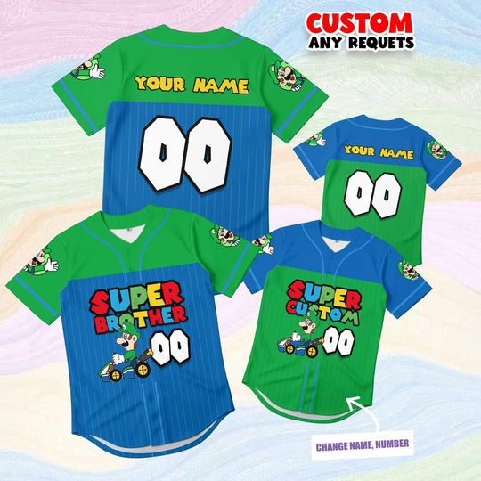 Discover Gift Super Brother Luigi Jersey Shirt Custom Name Number, Kids Mario Birthday Shirt, Gaming Boy Baseball Outfit