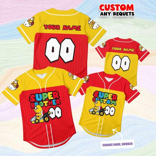 Discover Gift Super Brother Koopa Jersey Shirt Custom Name Number, Kids Mario Birthday Shirt, Matching Sibling Baseball Outfit