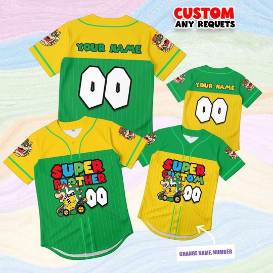 Gift Super Brother Bowser Jersey Shirt Custom Name Number, Kids Mario Birthday Shirt, Matching Sibling Baseball Outfit