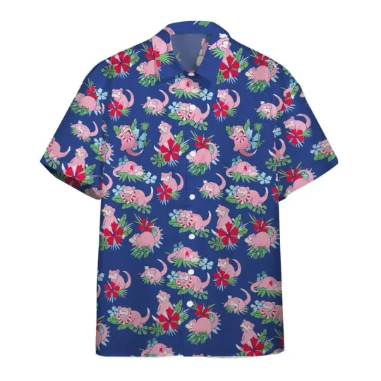 PKM Hawaiian Shirt Tropical Slowpoke Pink Blue Hawaii Shirt PKM Aloha Sh