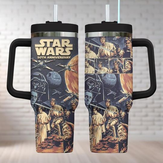 Discover Star Wars 50Th Anniversary Tumbler 40Oz, Star Wars Galactic Empire Tumbler with Handle, Darth Vader Travel Cup, Star Wars Fan Gifts