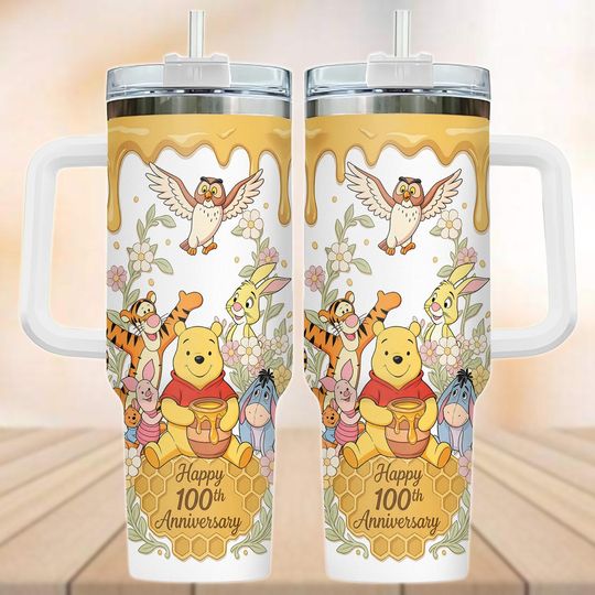 Discover Retro Winnie The Pooh 100th Anniversary Tumbler 40oz, Retro Pooh And Friends Water Tumbler, Pooh Honey Cup, Cartoon Pooh Love Gifts